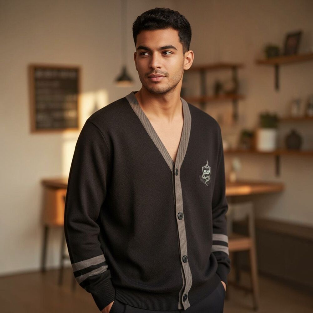BLVCK Paris Men Cardigan Sweater XL Button Front Embroidered Black Wool Cashmere